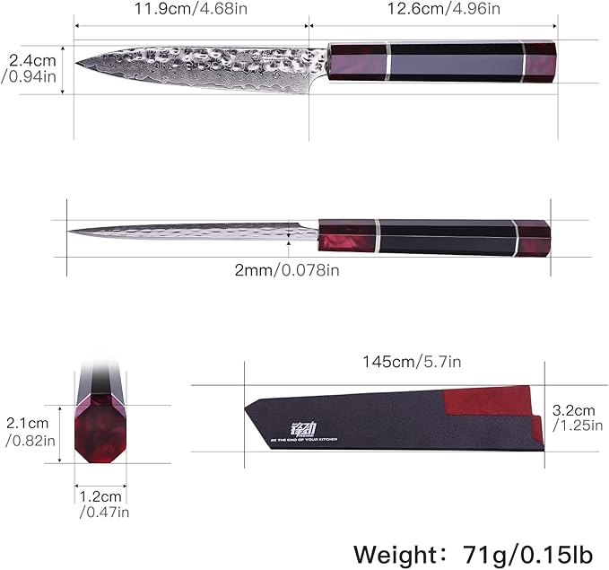 FINDKING 5 Inch Kitchen Utility Knife with ABS sheath, Multi-Purpose Japanese Paring Knife, Damascus Steel Blade, Resin Octagonal Handle, Small, for Fruits Vegetables (Eternity Series)