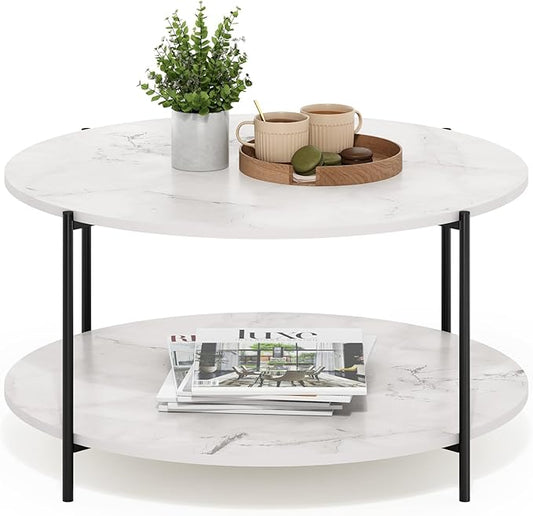 Furinno Besi 2-Tier Modern Round Coffee Table Table with Sturdy Metal Legs, Marble White/Black