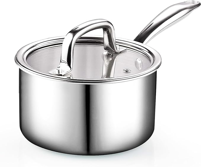 Cook N Home Stainless Steel Saucepan 3 Quart, Tri-Ply Full Clad Sauce Pan with Glass Lid, Silver