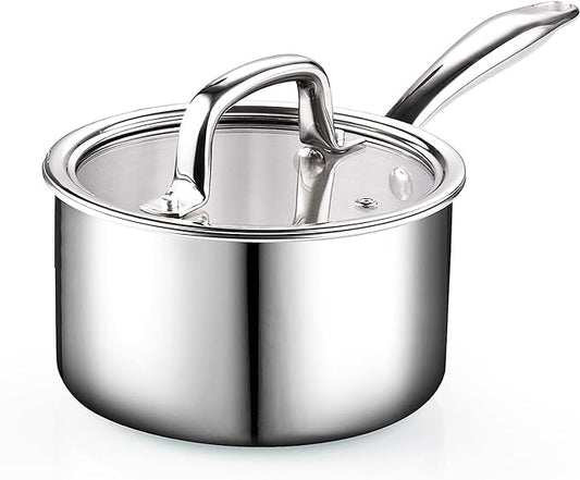Cook N Home Stainless Steel Saucepan 3 Quart, Tri-Ply Full Clad Sauce Pan with Glass Lid, Silver