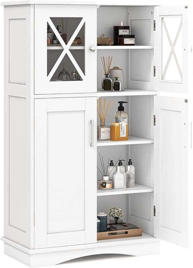 Tangkula Freestanding Floor Cabinet w/2 Glass Doors, 3-Level Adjustable Shelves, Anti-toppling, Kitchen Pantry Cupboard for Bathroom & Living Room (White)