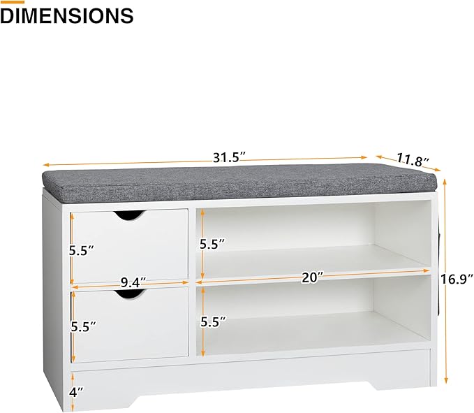 WelFurGeer Shoe Bench with Cushion, Entryway Bench with Storage, Shoe Bench Entryway with Storage, Shoe Rack with Bench White