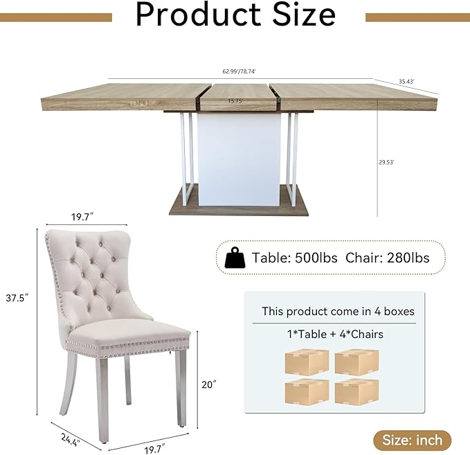 Goujxcy 78.7" Farmhouse Extendable Dining Room Table Set for 4, 5-Piece Rectangle Kitchen Dining Room Table Set with Wood Base and 4 Beige Velvet Dining Chairs, Extending Kitchen & Dining Table Set