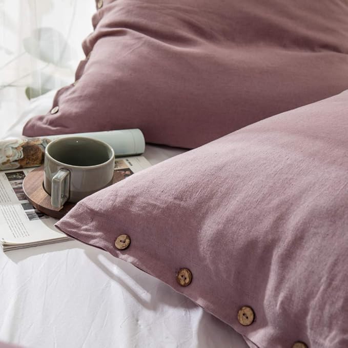 Simple&Opulence 100% Washed Linen Euro Sham Cover, 26 x 26 Inch, Decorative Bed Pillow Cover with Coconut Button, Solid Color Pillow Shams Set of 2 (Purple)