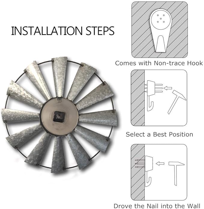 Mrocioa 24inch Windmill Distressed Metal Wall Clocks Rustic Large Decorative Clock Oversized Farmhouse Decor,Non Ticking,Battery Operated