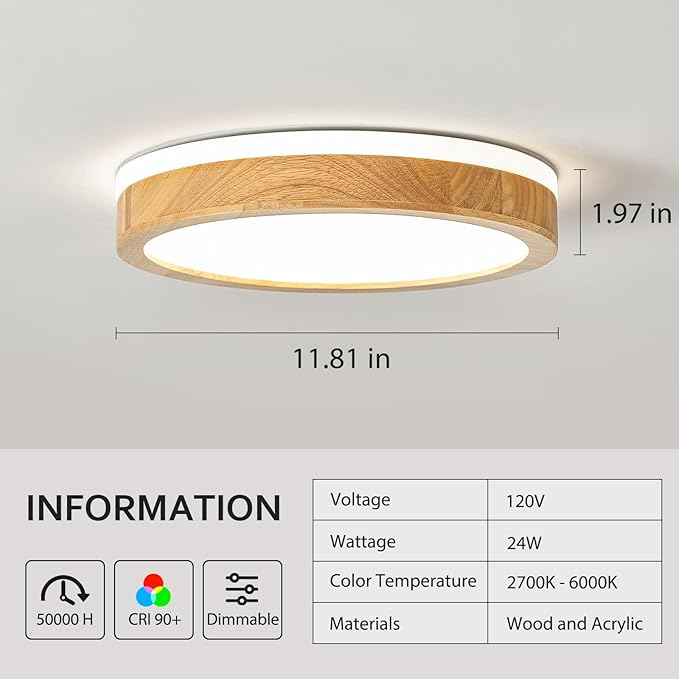 Modern Dimmable Wood Flush Mount Ceiling Light, 2700K-6000K 5CCT Round Close to Ceiling Lighting Fixtures, Minimalist LED Ceiling Lamp for Bedroom, Kitchen, Hallway, Laundry Room-11.81in