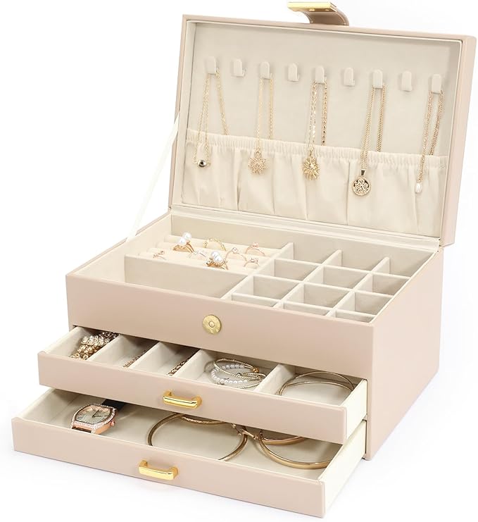 Jewelry Box, 3-Tier with 2 Drawers, Beige, Modern, Women's Jewelry Organizer