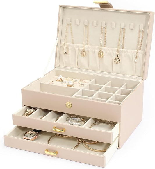 Jewelry Box, 3-Tier with 2 Drawers, Beige, Modern, Women's Jewelry Organizer