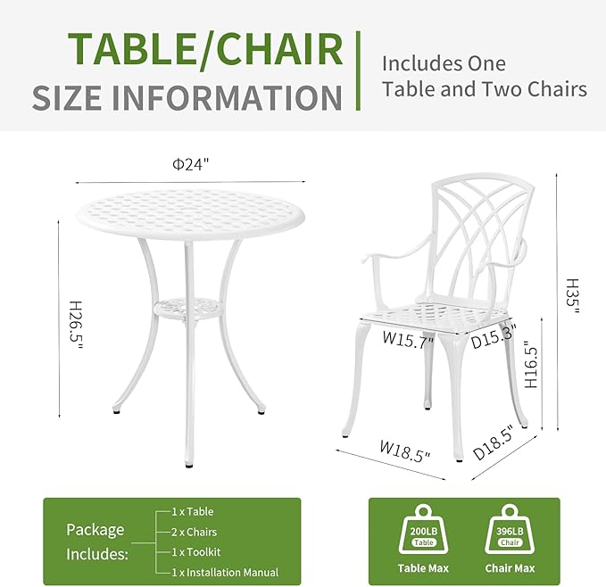 Patio Bistro Set 3 Piece with Umbrella Hole, Outdoor Bistro Table and Chairs Set of 2, Patio Bistro Set 3 Piece White, Cast Aluminum Furniture for Park Yard Front Porch