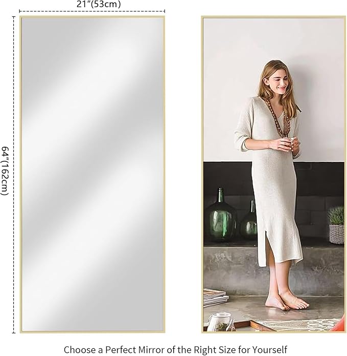 Koonmi 64"x21" Floor Mirror Full Length, Bedroom Floor Body Mirror with Stand, Gold Mirror, Leaning, Standing or Hanging Horizontally/Vertically