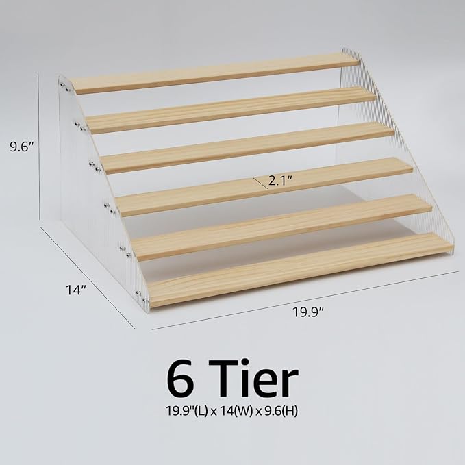 nianfeng Tiered Spice Rack, 6-Tier Spice Pantry Kitchen Cabinet Organizer, 19.9-Inch, Natural Wood Acrylic Stair Riser Stand, Countertop Seasoning Shelf