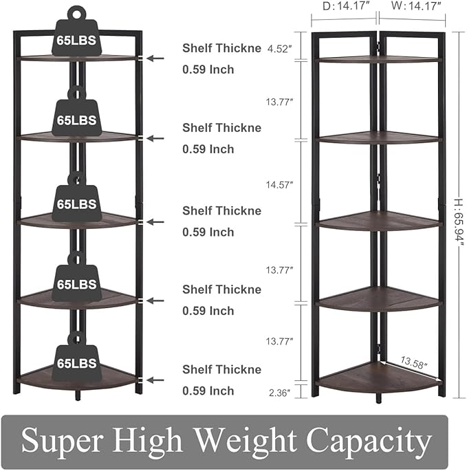 FATORRI Rustic Tall Corner Shelf, 5 Tier Industrial Corner Bookshelf for Living Room, Dark Wood and Metal Corner Plant Stand for Home Office (Walnut Brown)