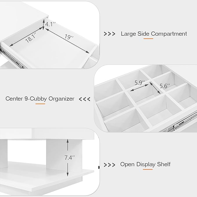 Modern High Gloss LED Coffee Table Center Table with Hidden Storage Space, Extending Top & LED Light for Living Room, White