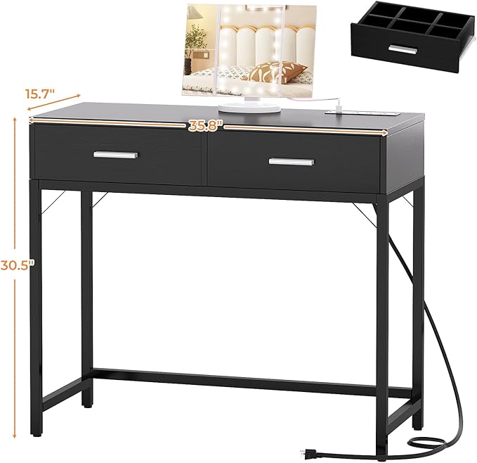 Cyclysio Vanity Desk with Mirror and Lights, 36'' Makeup Vanity Desk with Power Outlet, Small Vanities Set Dressing Table with Drawers for Bedroom, Black