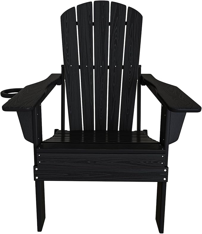 Plawdlik Folding Adirondack Chair, SGS Tested, Wooden Textured with Cup Holder, Heavy All-Weather HDPE Comfortable Set Poolside Backyard Lawn Black