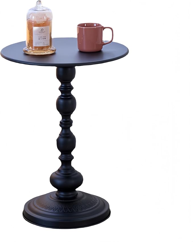 Elegant Vintage Round Side Table with Roman Columns - Sturdy Metal Design, Perfect as a Coffee, End, Tea, or Leisure Table for Living Room and Bedroom Decor, (Black 1 Pack)