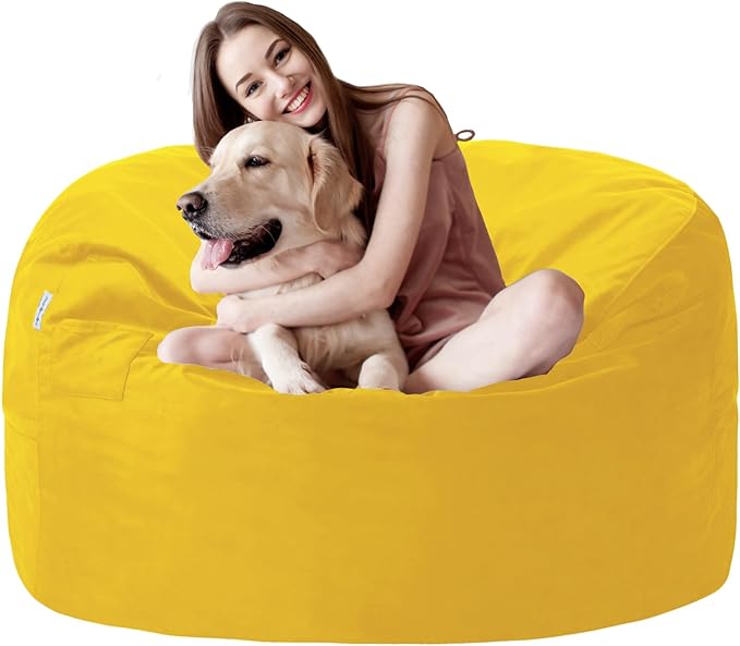 3FT Bean Bag Chair with Ultra Soft Velvet Cover Bean Bag Sofa with Memory Foam Bean Bag Chairs with Large Size Lazy Sofa for Dorm Office Living Room Bedroom Yellow 3'