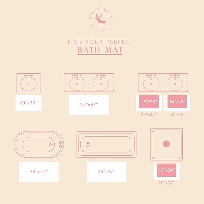 MONDAY MOOSE Bath Mat with Scalloped Wavy Ripple Design, Microfiber Absorbent Non Slip Tufted Rug for Floor, Shower or Kitchen (24x47 inch, Pink)