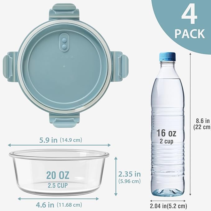 4 PCS Food Storage Containers with lids Set, Airtight 2.5 Cup Glass Meal Prep Containers, Heat-Resistant BPA-Free Glass Containers for Soup Leftover, Microwave, Dishwasher Freezer Safe 20 OZ