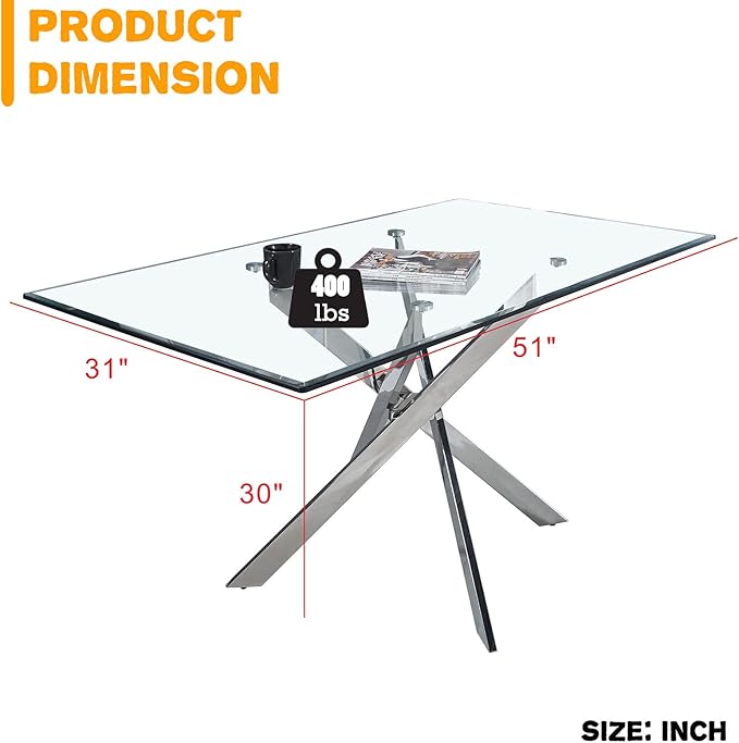 51-Inch Glass Dining Room Table for 4-6 People, Modern Rectangular Kitchen Dining Table with Silver Cross-Shape Stainless Steel Legs for Apartment Kitchen Dining Room