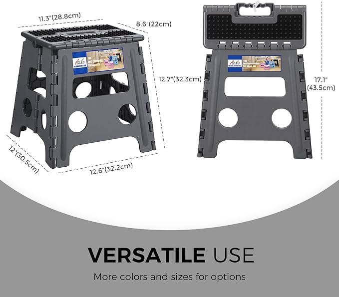 ACKO Folding Step Stool 13 inch Height Premium Heavy Duty Foldable Step Stools for Adults and Kids, Kitchen Plastic Small Collapsible Stepping Stool Hold Up to 300 LB Dot Grey (1 Pack)