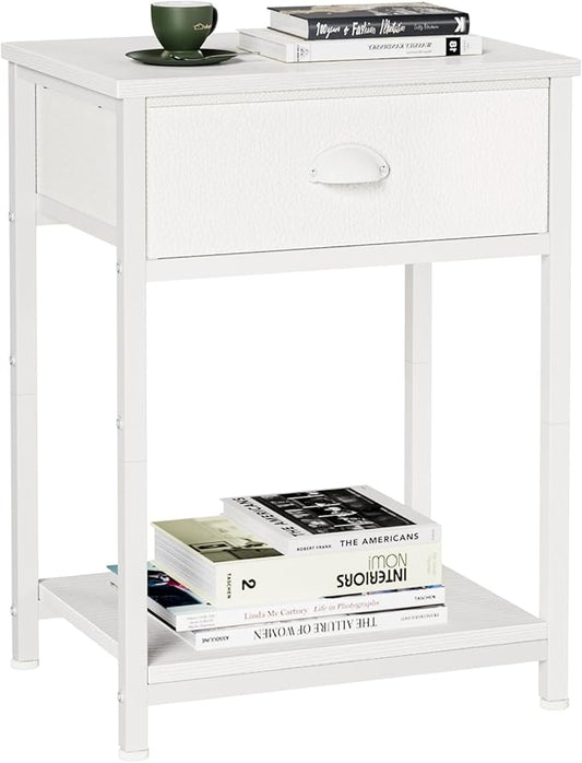 Furologee White Nightstand with Fabric Drawer, Small Side Table for Small Spaces, 2 Tiers Storage Shelves End Table, Night Stand for Living Room, Bedroom, Dorm