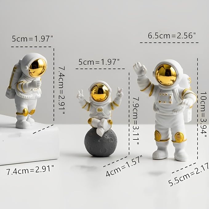 Gold White Astronaut Statues Set of 3, Outer Space Sculpture Figurines for Home Decor Cake Toppers