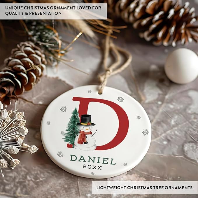 Andaz Press Personalized Ornament, Custom Name, Initial D Monogram Snowman 2.8" Ceramic Porcelain 2025 Christmas Ornament Keepsake for Kids, Boys, Girls, Includes Gold Ribbon & Gift Box, 1-Pack