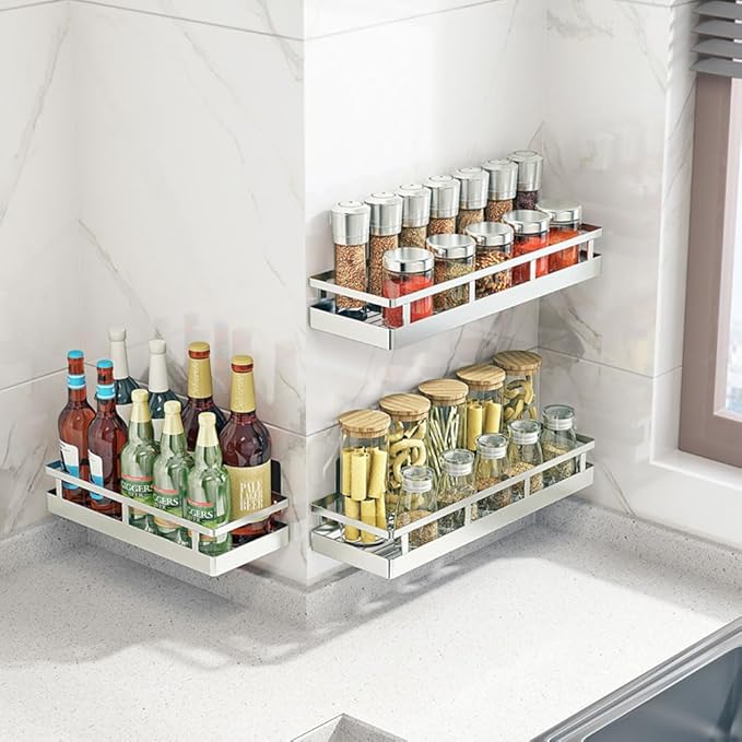 2PCS Kitchen Spice Rack, SUS304 Stainless steel Wall Mount Storage Rack, Seasoning Container, 11.8Inch Spice Organizer, Kitchen Seasoning Hanging Rack, Bathroom Shelf for Storing Toiletries