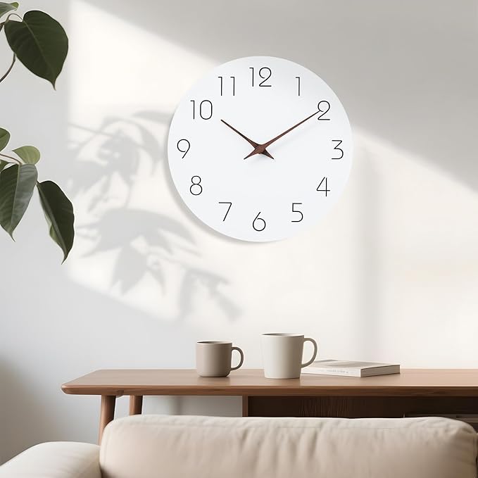 Mosewa Wall Clock 14 Inch White Silent Non Ticking Battery Operated Simple Minimalist Wooden Clock Decorative for Kitchen Bathroom Home Bedroom Living Room Office