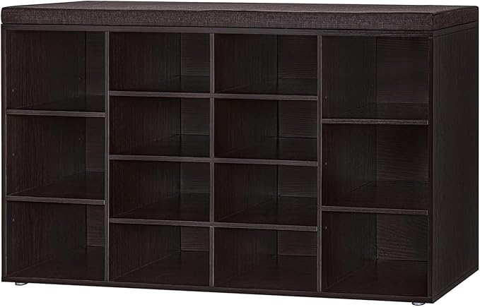 DINZI LVJ Shoe Storage Bench with Cushion, 14-Cubby Shoe Rack, Adjustable Shelves, Multifunctional Shoe Organizer Bench for Entryway, Mudroom, Hallway, Living Room, Bedroom and Garage, Espresso
