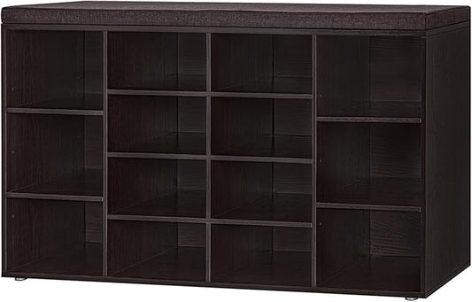 DINZI LVJ Shoe Storage Bench with Cushion, 14-Cubby Shoe Rack, Adjustable Shelves, Multifunctional Shoe Organizer Bench for Entryway, Mudroom, Hallway, Living Room, Bedroom and Garage, Espresso
