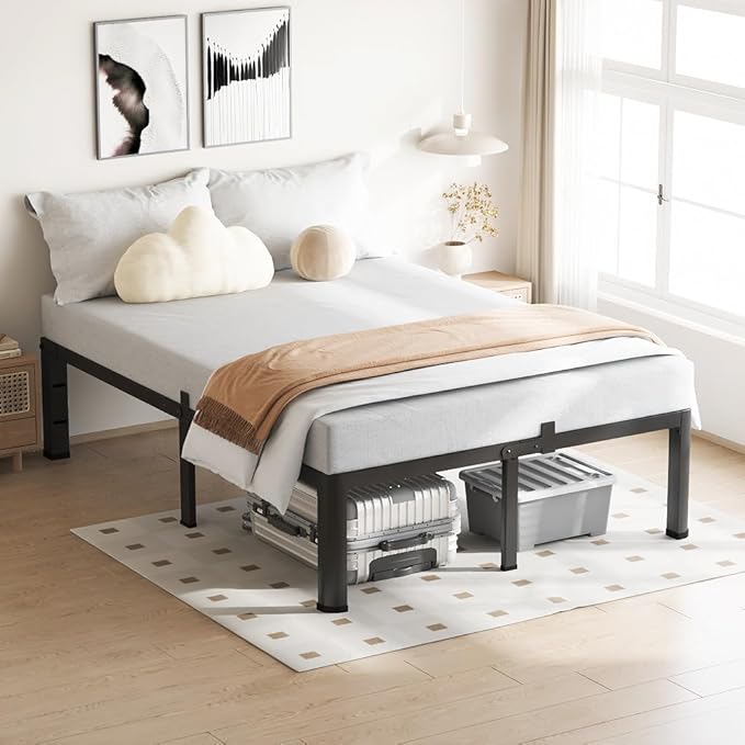 14 Inch Full Size Bed Frame, 3500Lbs Heavy Duty Metal Platform with Round Corner Legs Mattress Slide Stopper, Steel Slat Support No Box Spring Needed, Noise Free, Non-Slip, Easy Assembly