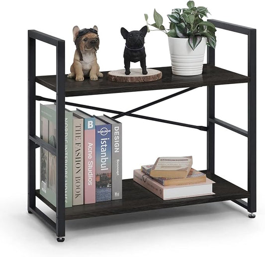 CAPHAUS 2 Tier Small Bookshelf, 24 Inch Width Free Standing Shelf, Bookcase Shelf Storage Organizer, Industrial Book Shelves for Home Office, Living Room, Black Shelves & Metal Frame