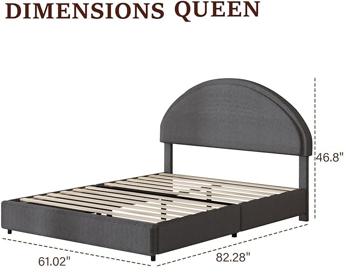 Queen Bed Frame, Upholstered Platform Bed with Headboard, Boucle Bed Frame with Round Conner, No Box Spring Required, Easy Assembly, Grey