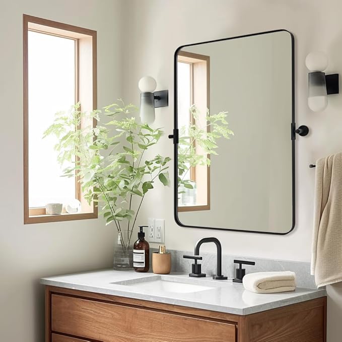 ANDY STAR 22"x34" Matte Black Pivot Mirror for Bathroom, Metal Frame Bathroom Mirrors for Wall，Rectangle Titling Vanity Wall Mirror with Rounded Corner Design Hangs Vertically Only