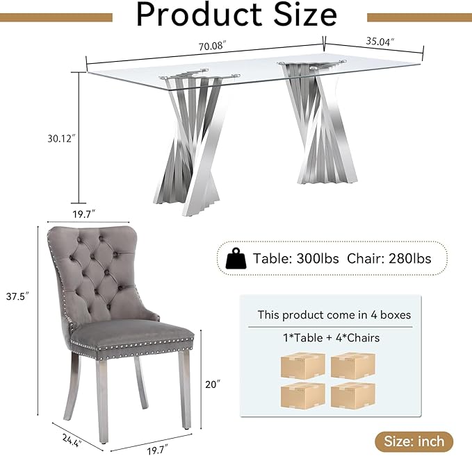 Goujxcy Modern 5 Piece Glass Dining Table Set Luxury Glass Kitchen Table and Chair Set for 4, 70" Large Rectangular Dining Room Table with 4 Tufted Chairs and Stainless Steel Legs (Silver & Grey)