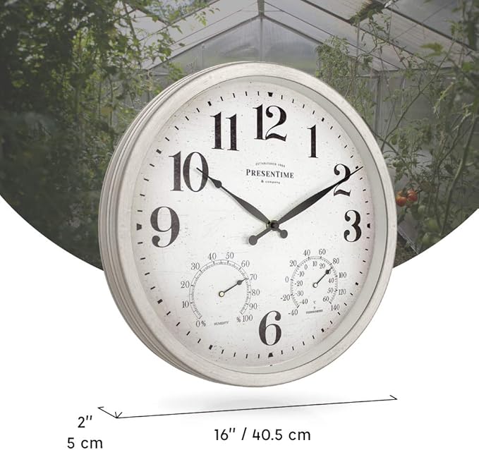 Presentime & Co 16" Farmhouse Series in/Outdoor Clock with Thermometer & Hygrometer, Weathered White Color. Weather Thermometer, Weather Station, Farmhouse Décor, Outdoor Décor, Wall Décor.