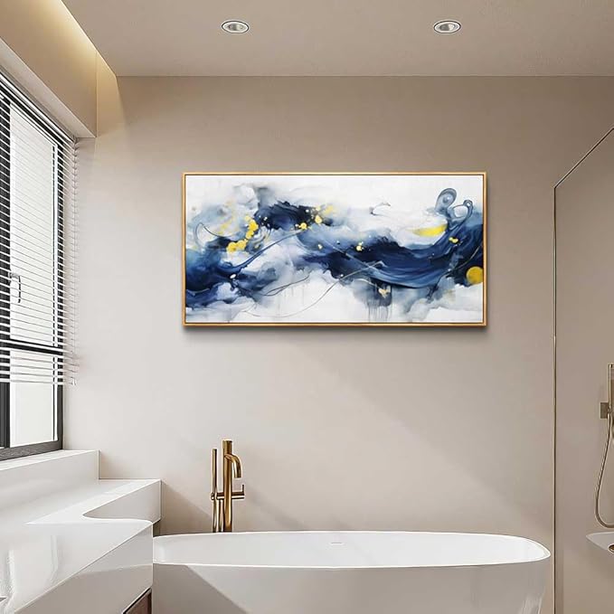 hyidecorart Wood Framed Canvas Art Prints Wall Art For Living Room Large Size Wall Decor For Office Bedroom Wall Decorations Pictures Artwork Blue Abstract Ink Paintings Ready To Hang Home Decor