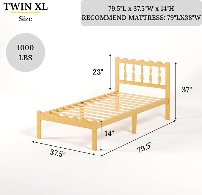 Bamboo Twin XL Bed Frame with Headboard, 14 inch Solid Wood Platform Bed Frames Twin XL Size with Metal Slats, No Box Spring Needed, Easy Assembly, Noise Free