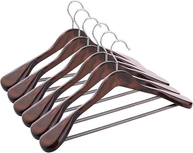 Solid Wood Suit Hangers, 6 Pack, Coat Hangers with Non Slip Trouser Bar, 360° Swivel Hook, Heavy Duty Wide Hangers for Suit, Coat, Jacket, Trousers, Pants,17.3" W x 9" H, Dark Walnut AWY0406H