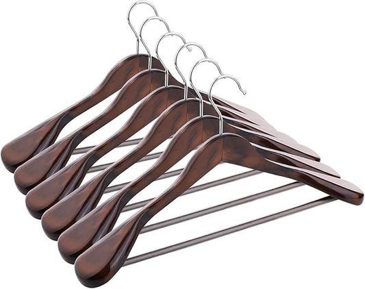 Solid Wood Suit Hangers, 6 Pack, Coat Hangers with Non Slip Trouser Bar, 360° Swivel Hook, Heavy Duty Wide Hangers for Suit, Coat, Jacket, Trousers, Pants,17.3" W x 9" H, Dark Walnut AWY0406H