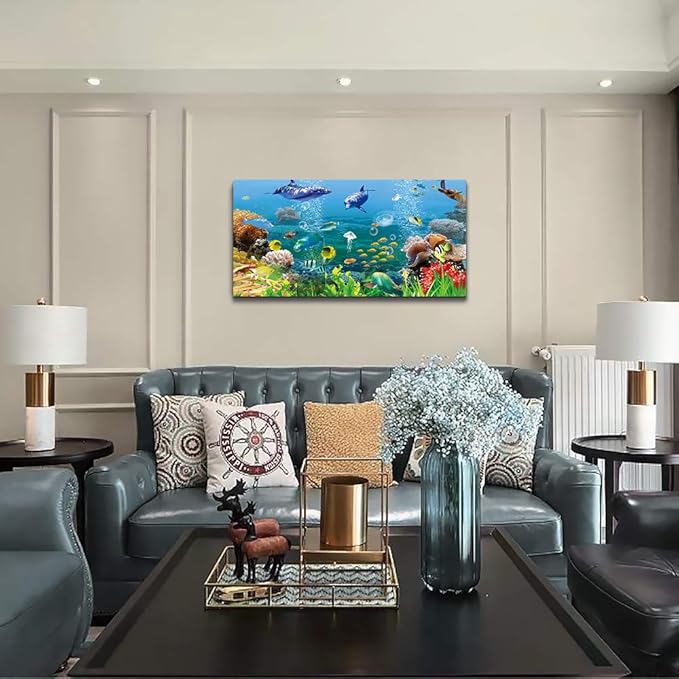 MHARTK66 Canvas Wall Art - Coral and Fish Modern Home Decor Stretched and Framed Ready to Hang Ocean Theme Sea Fish and sea Turtles Mediterranean Style Canvas Prints The living room Wall Decor