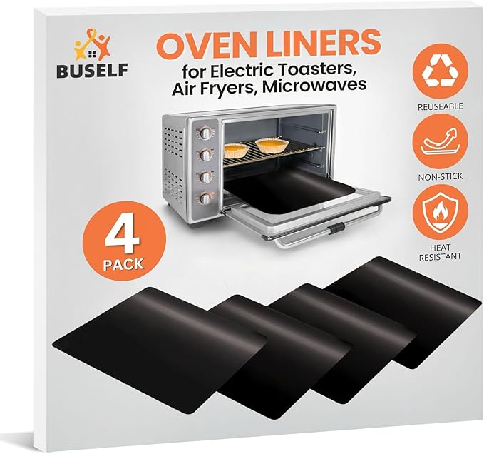 Toaster Oven Liner – Compatible with Breville, Cuisinart, Black & Decker, Dash, and More – Nonstick Heat Resistant Reusable Air Fryer Liners, PFOA & BPA Free, 9x11", 4 Pack, Black