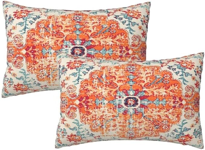 Boho Throw Pillow Covers 12 x 20 Set of 2, Orange Blue Ethnic Design Pillow Covers Farmhouse Carpet Pattern Rustic Cushion Cases Decorative Gifts for Couch Sofa Indoor Outdoor