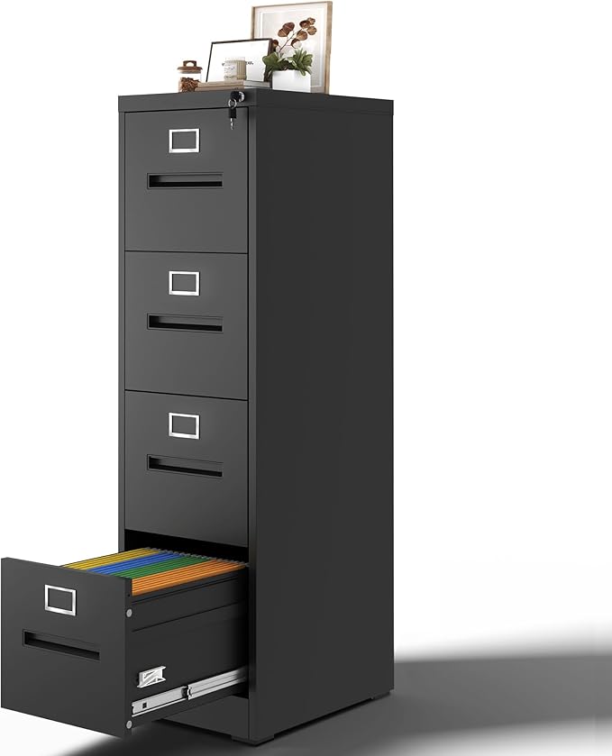 4 Drawer Vertical File Cabinet Home Office Metal Filing Cabinet, D17.7 Locking File Cabinets with Keys, Anti-Tilt Design, Steel Drawer Cabinet for A4/Legal/Letter,Need Assemble (Black)