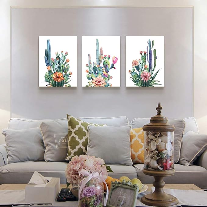 Wall Art for living room Canvas Prints Artwork bathroom Wall Decor Simple Life Green plants cactus Picture Watercolor painting 3 Pieces Framed bedroom wall decorations Office Works Home Decoration