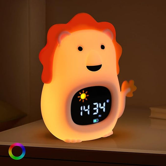 Kids Alarm Clock,Soft White Noise Sleep Trainer,Bedroom Kid Night Light Clock, Kid Wake-up Clock with Snooze Function,Bedtime Companion for Independent Sleep (Lion)