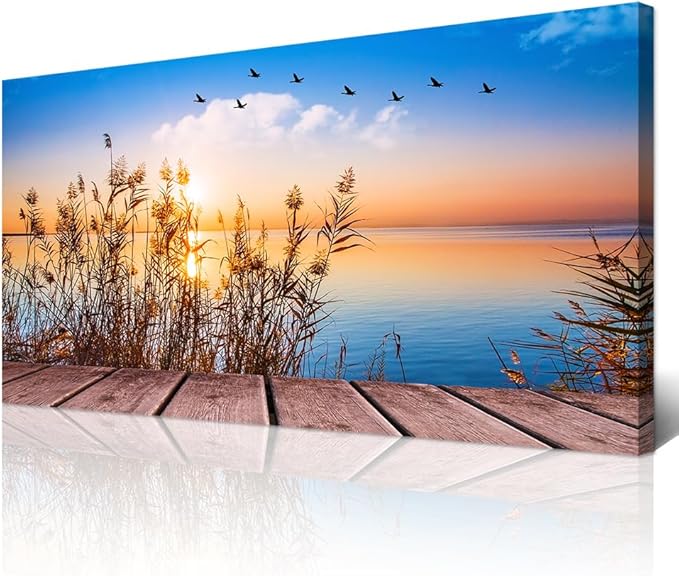 Wapluam Canvas Wall Art For Living Room Large Wall Decor For Office Bedroom Wall Decorations Blue Ocean Seascape Pictures Artwork Sun Seaview Poster Wall Painting Prints Works Home Decor 48 X 24 in