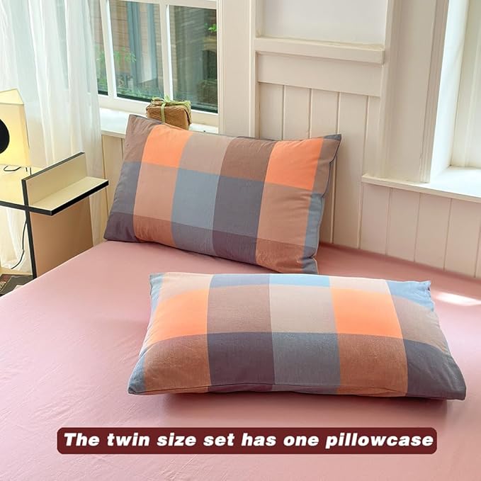 FACE TWO FACE Bedding Duvet Cover Set100% Washed Cotton Duvet Cover Linen Like Textured Breathable Durable Soft Comfy (Twin, Cookie Powder Grid)